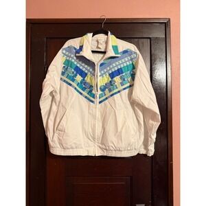 Koret Francisca Vintage Patchwork Floral Zip Up Jacket White Blue Green Large